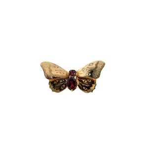 Estate Retro Period 14KT Yellow Gold Garnet Butterfly Brooch