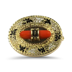 Estate Victorian 14K Yellow Victorian Gold Enamel Coral Brooch