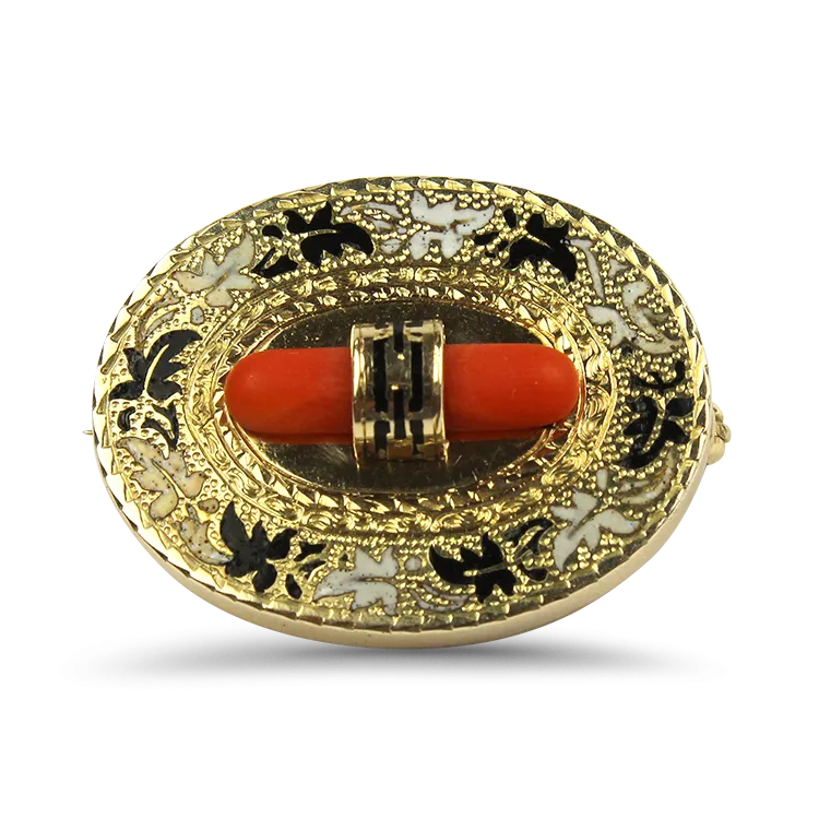 Estate Victorian 14K Yellow Victorian Gold Enamel Coral Brooch