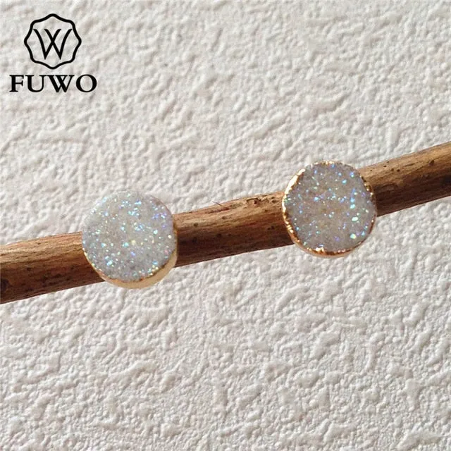 FUWO Natural Druzy Stud Earrings With 24K Gold Color Plated Minimalist Design Crystal Cluster Jewelry Wholesale ER035