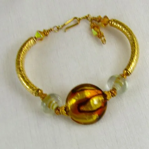 Gold & Brown Artisan Bead Gold Bangle Bracelet