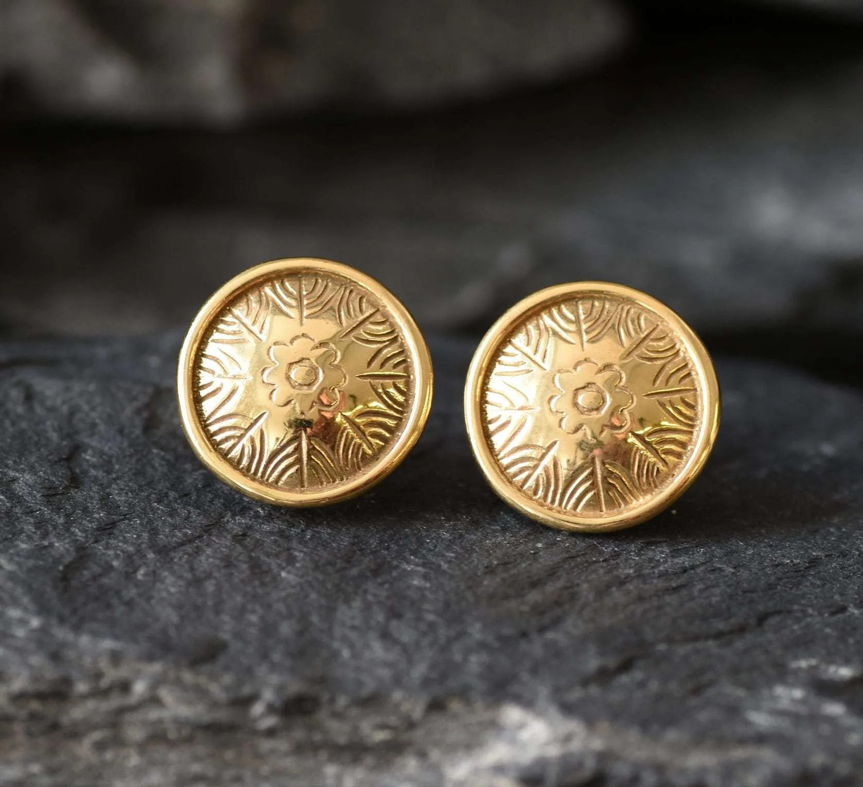 Gold Button Earrings - Round Flower Studs, Disc Earrings