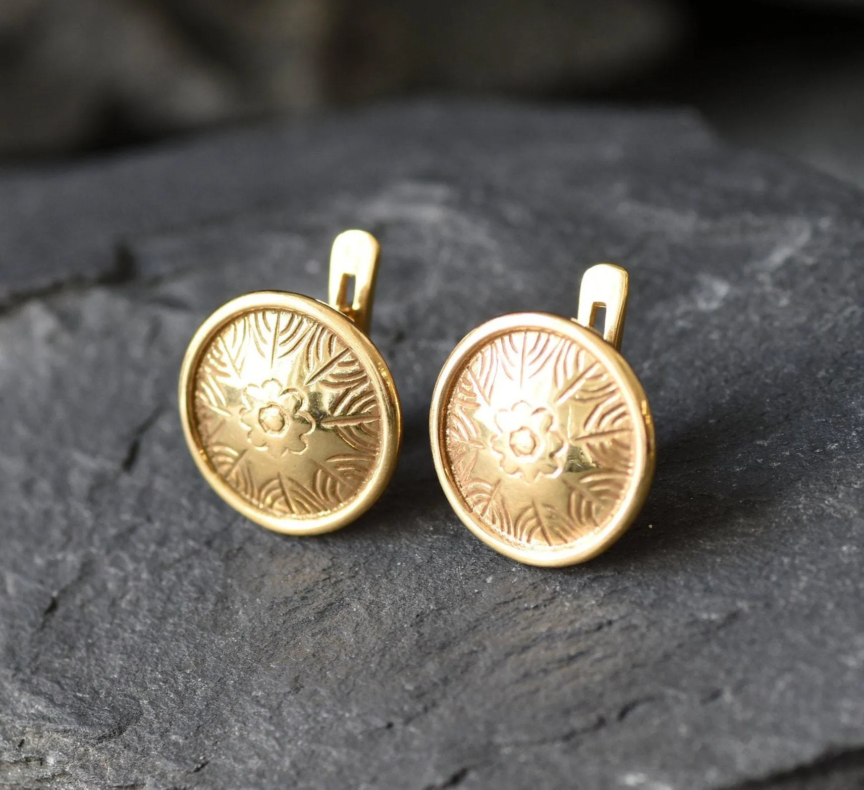 Gold Button Earrings - Round Flower Studs, Disc Earrings