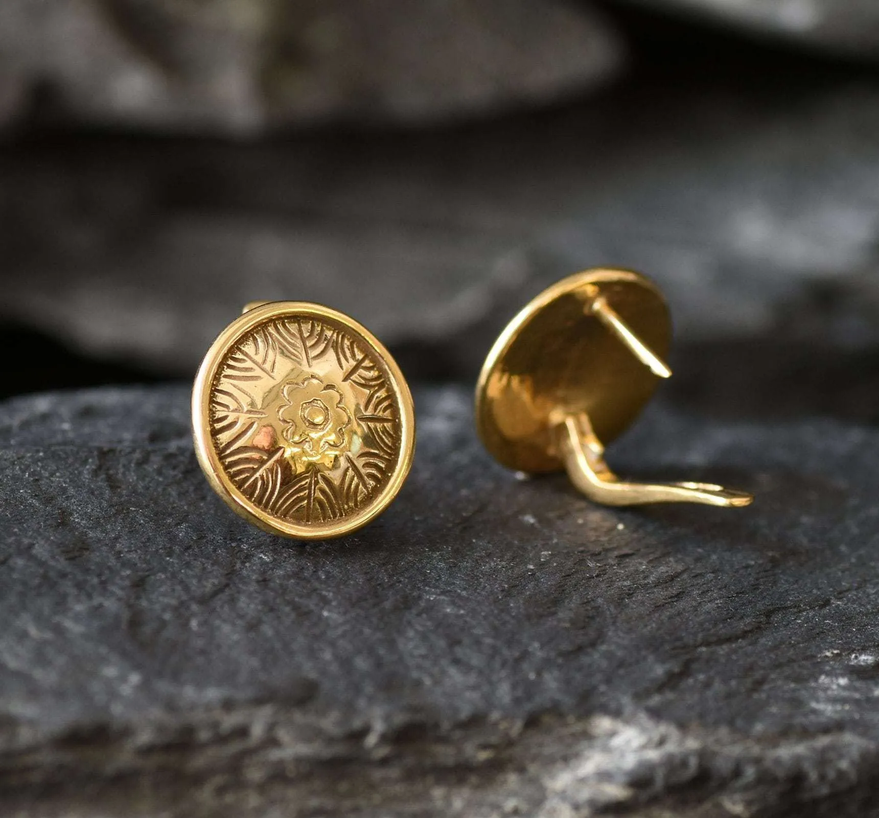 Gold Button Earrings - Round Flower Studs, Disc Earrings