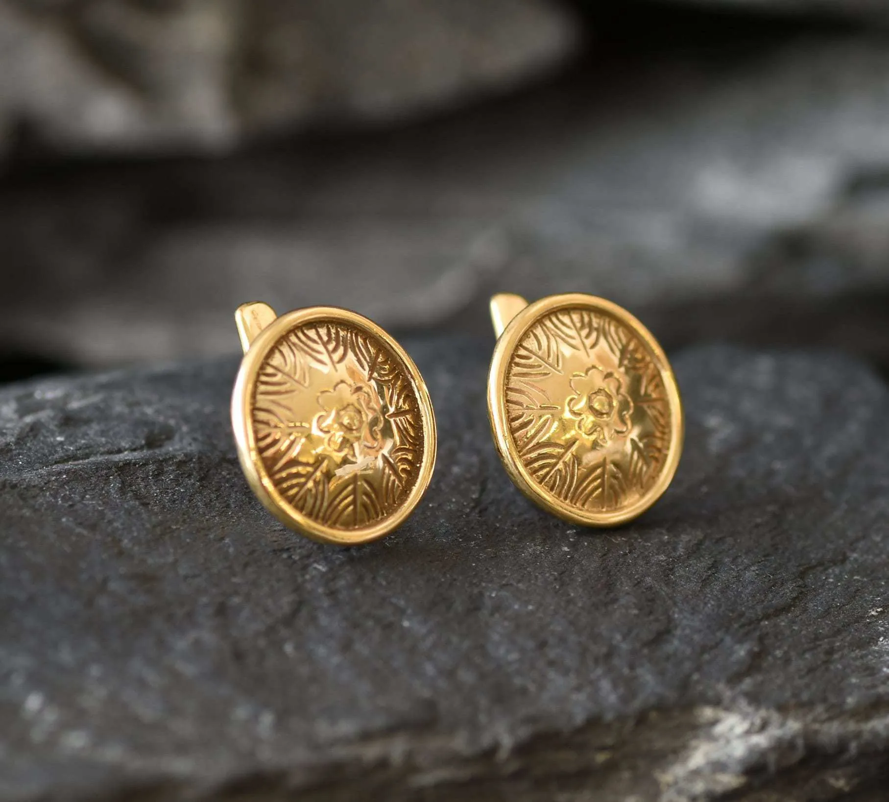 Gold Button Earrings - Round Flower Studs, Disc Earrings