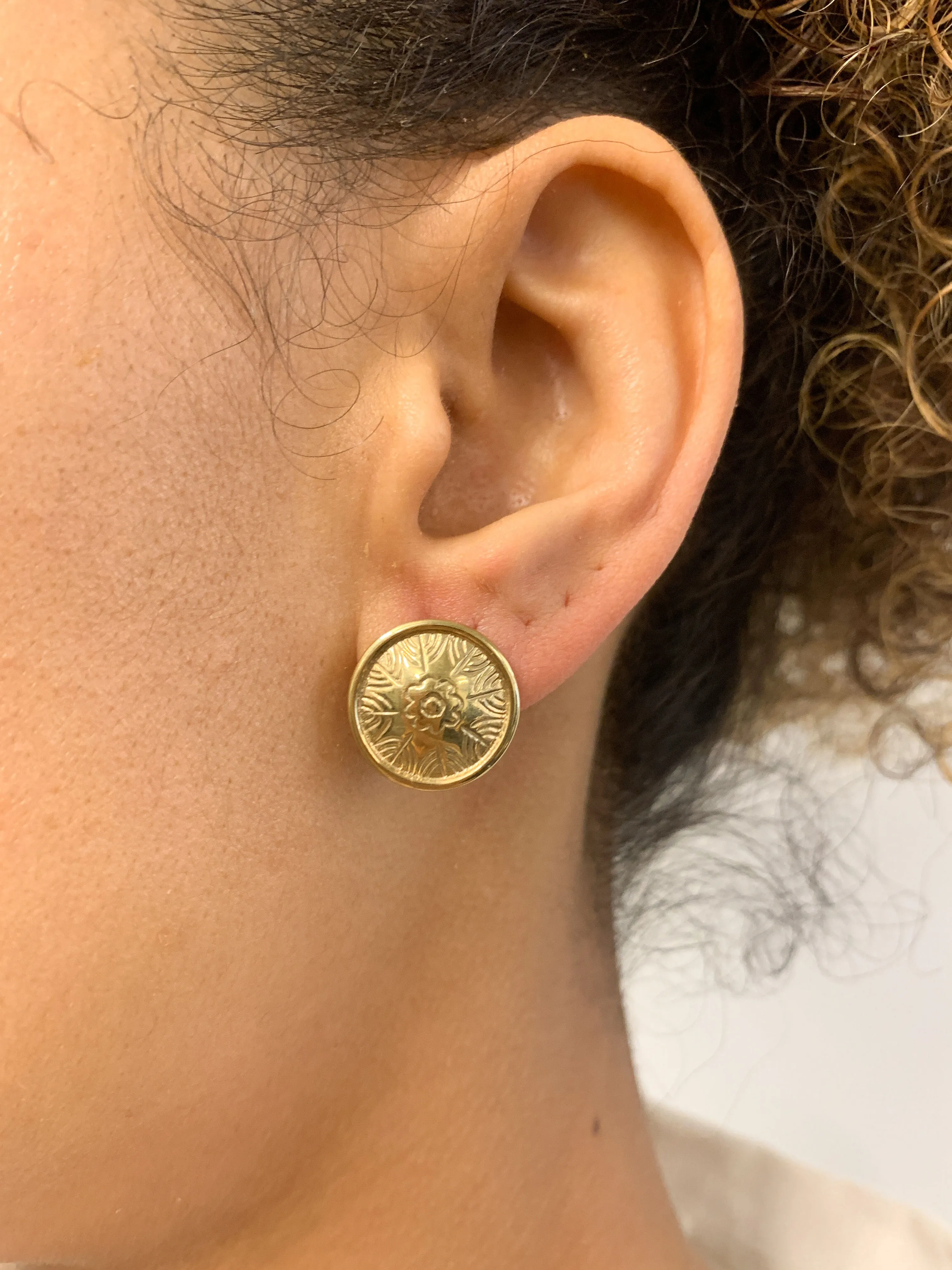 Gold Button Earrings - Round Flower Studs, Disc Earrings