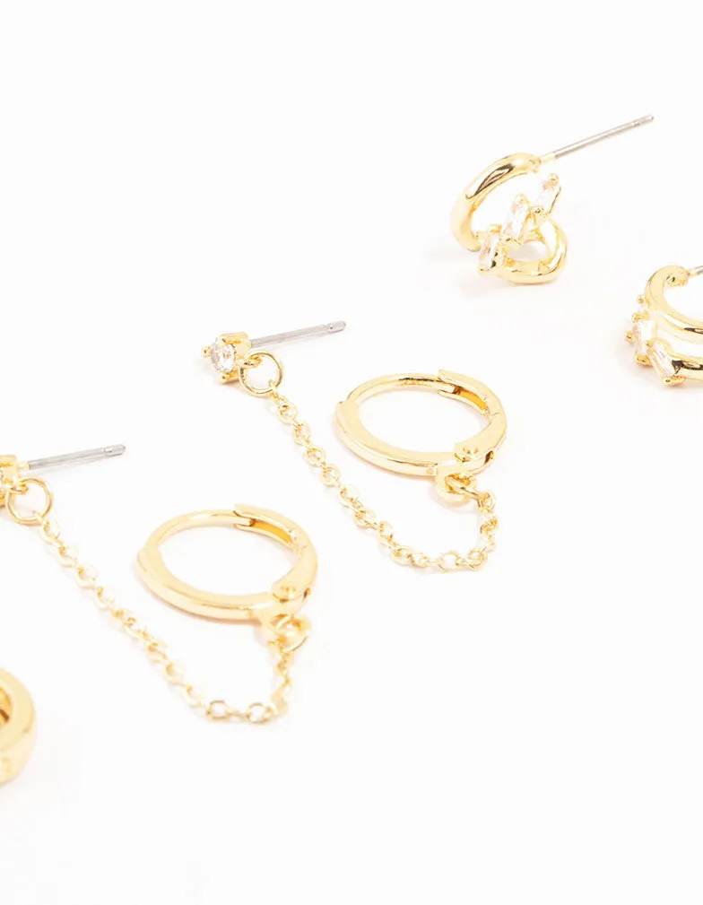 Gold Plated Chunky Hoop & Chain Earrings 4-Pack