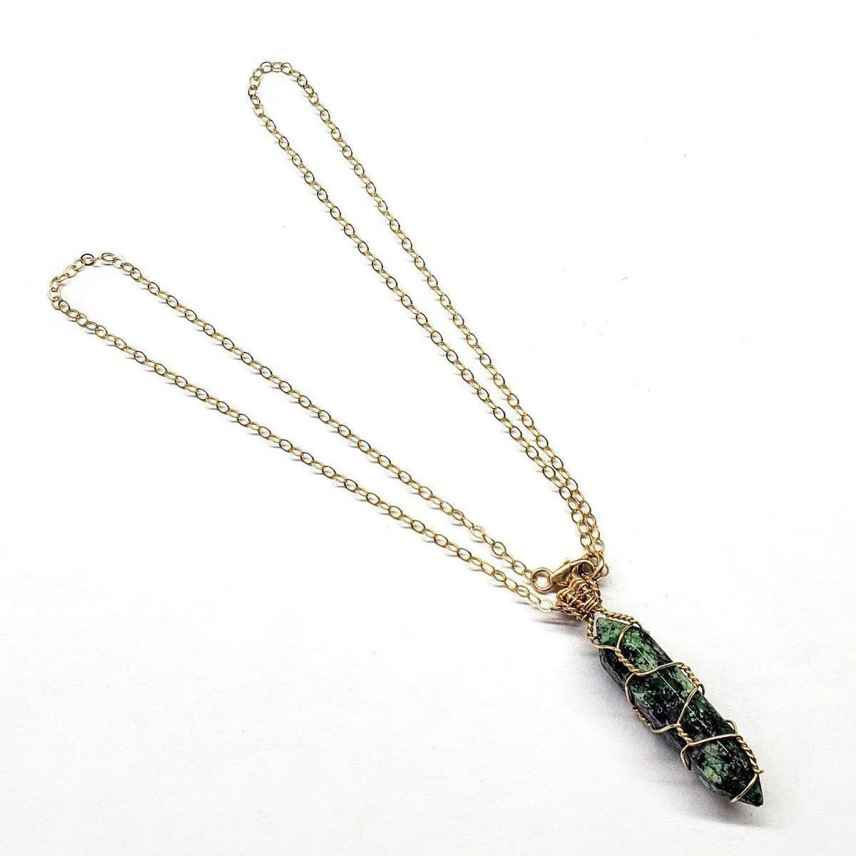 Gold Wire Wrapped Caged In Ruby In Zoisite Pointed Crystal Necklace