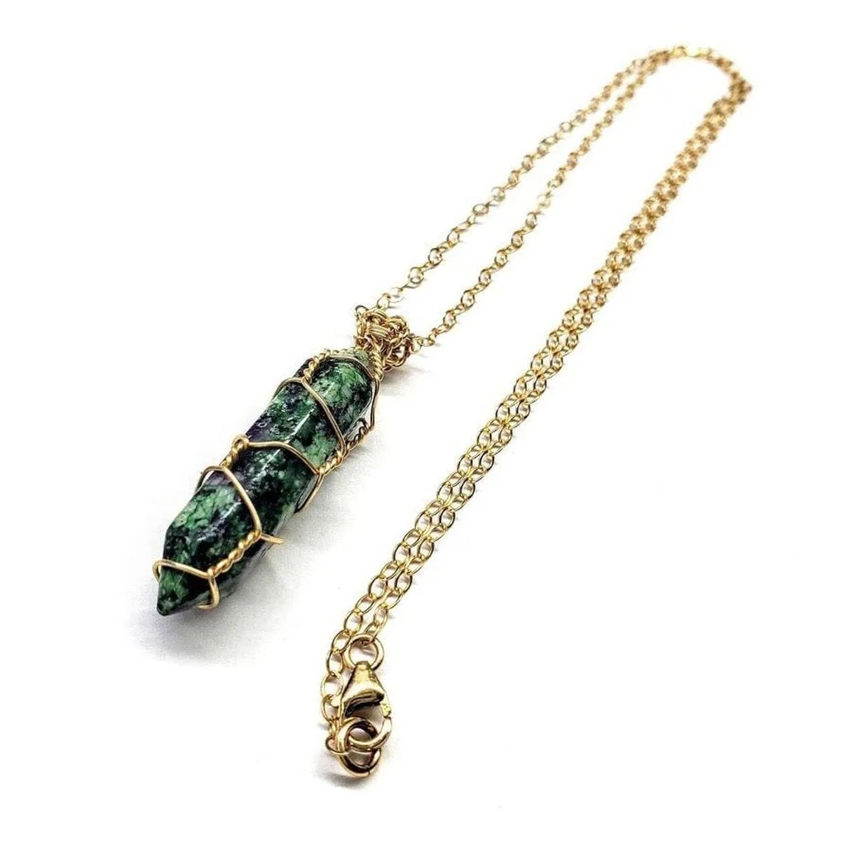 Gold Wire Wrapped Caged In Ruby In Zoisite Pointed Crystal Necklace