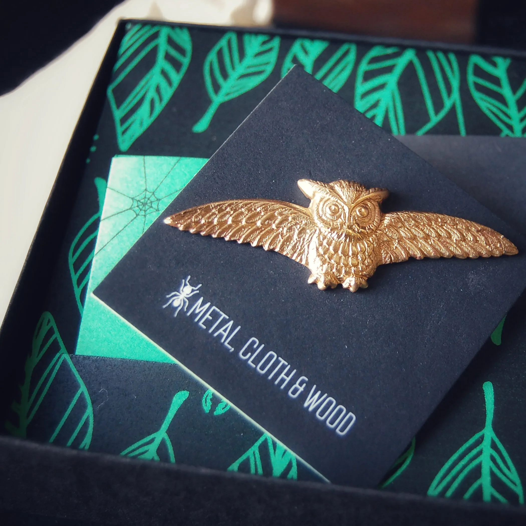 Golden Brass Horned Owl Brooch Pin Available in Both Bright Gold and Antiqued Brass Finishes