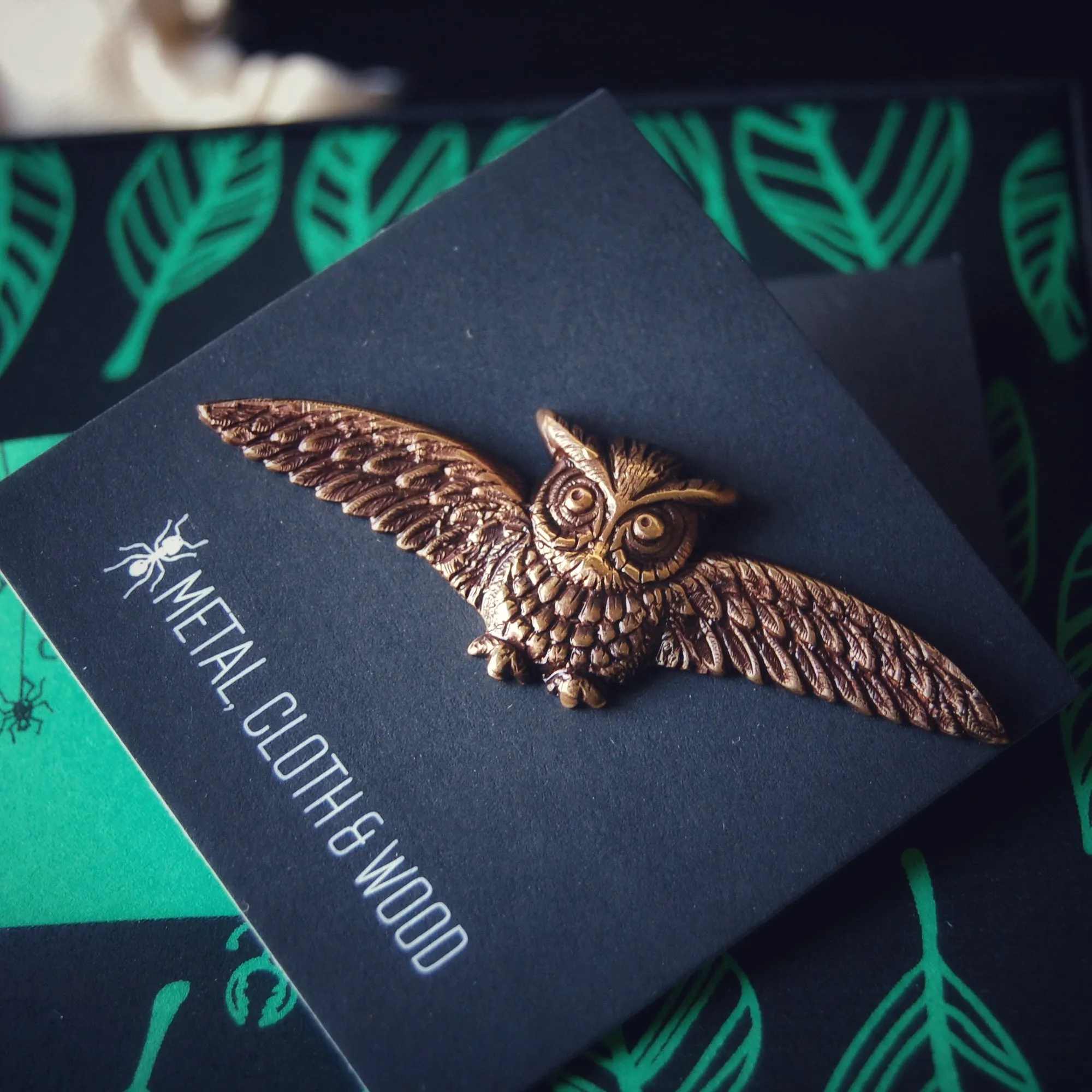 Golden Brass Horned Owl Brooch Pin Available in Both Bright Gold and Antiqued Brass Finishes