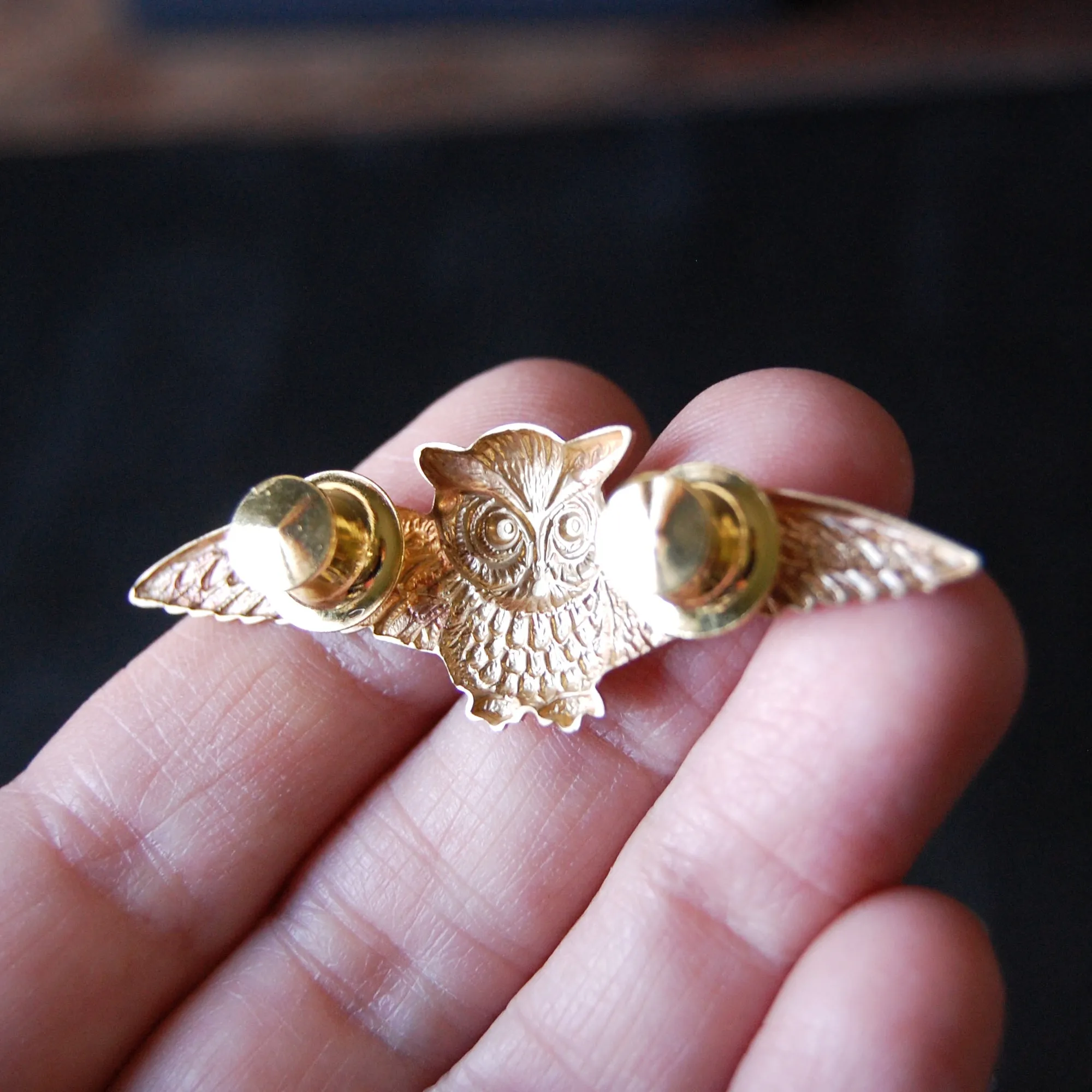 Golden Brass Horned Owl Brooch Pin Available in Both Bright Gold and Antiqued Brass Finishes