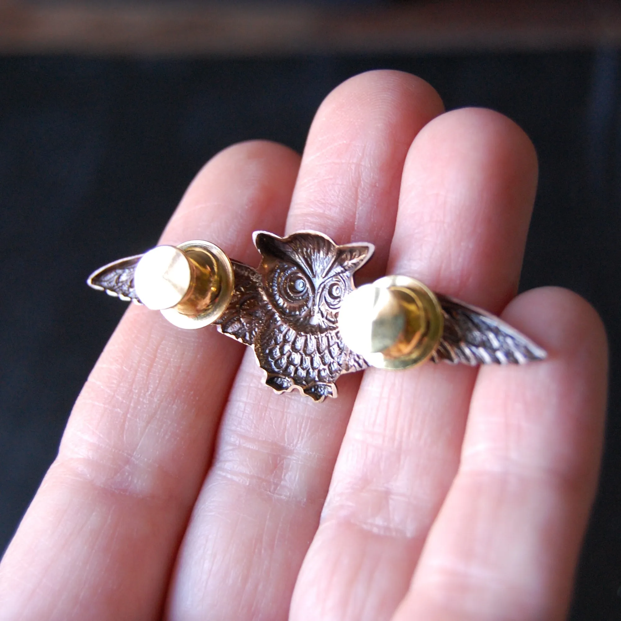 Golden Brass Horned Owl Brooch Pin Available in Both Bright Gold and Antiqued Brass Finishes