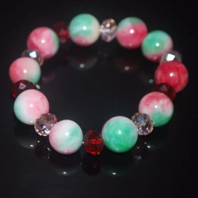 Green And Red Jade With Pink Crystals  Bracelets