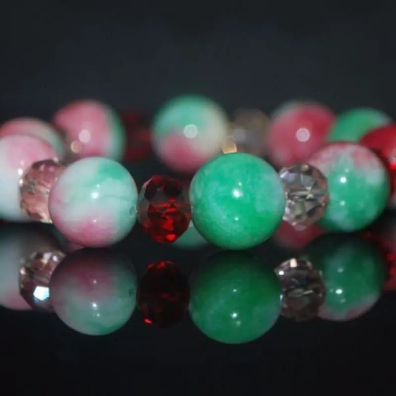 Green And Red Jade With Pink Crystals  Bracelets