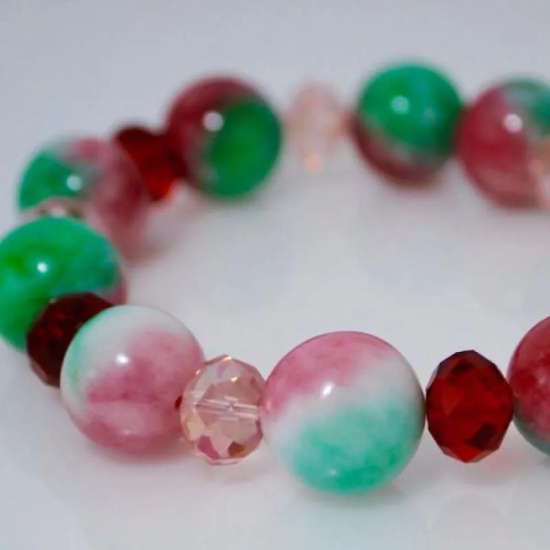 Green And Red Jade With Pink Crystals  Bracelets