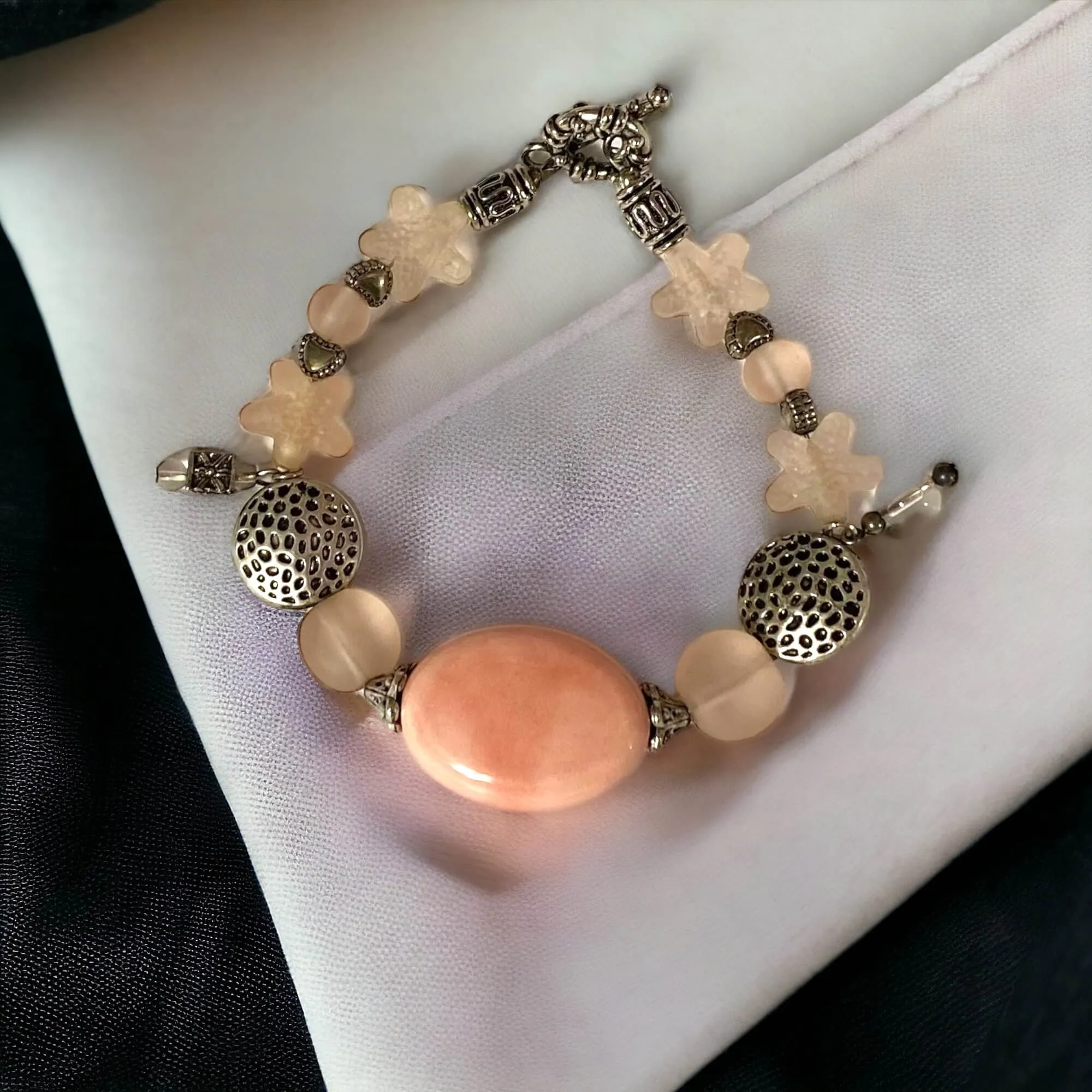 Handcrafted Antique Silver Peach Stone Toggle Bracelet