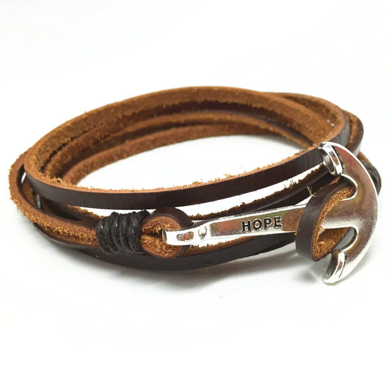 Handmade New Punk Vintage Fish Hook Charm Genuine Leather Bracelets for Homme Men Jewelry Accessories