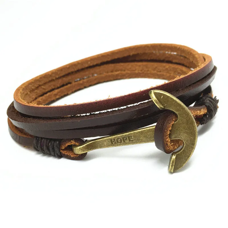 Handmade New Punk Vintage Fish Hook Charm Genuine Leather Bracelets for Homme Men Jewelry Accessories