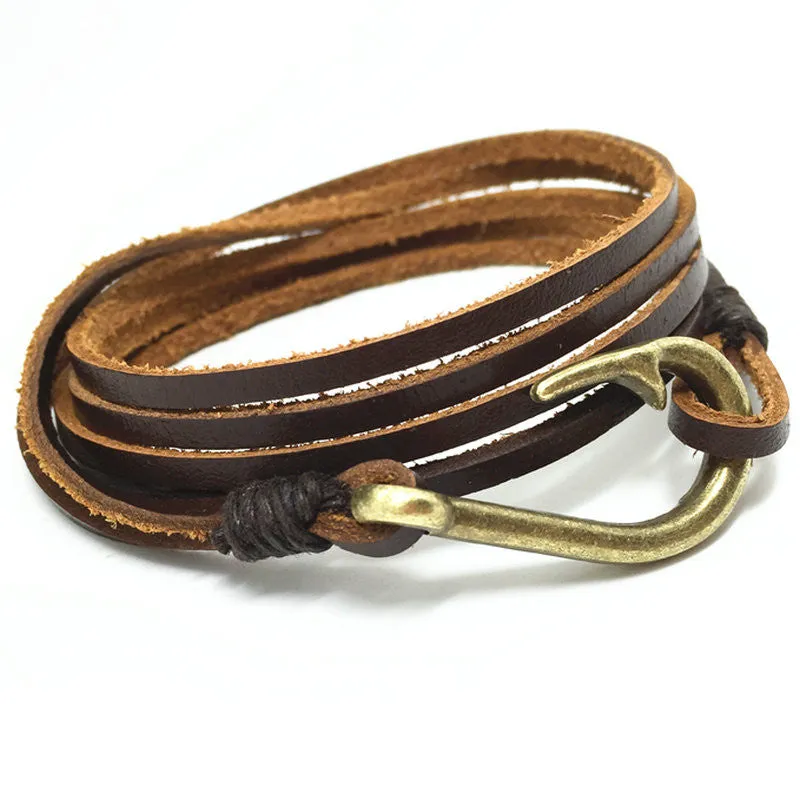 Handmade New Punk Vintage Fish Hook Charm Genuine Leather Bracelets for Homme Men Jewelry Accessories