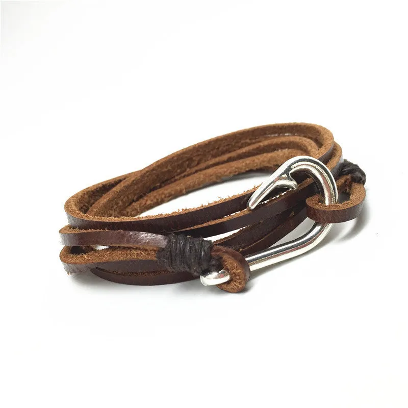 Handmade New Punk Vintage Fish Hook Charm Genuine Leather Bracelets for Homme Men Jewelry Accessories