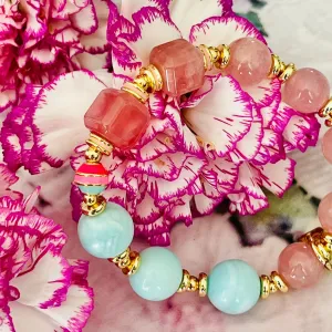 Hemimorphite & Madagascar Rose Quartz Cube Bracelet