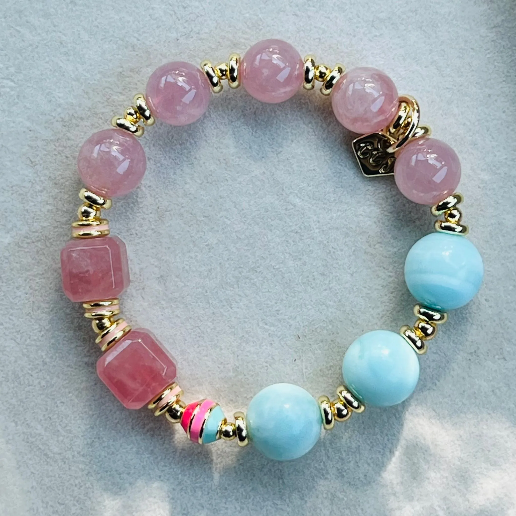 Hemimorphite & Madagascar Rose Quartz Cube Bracelet