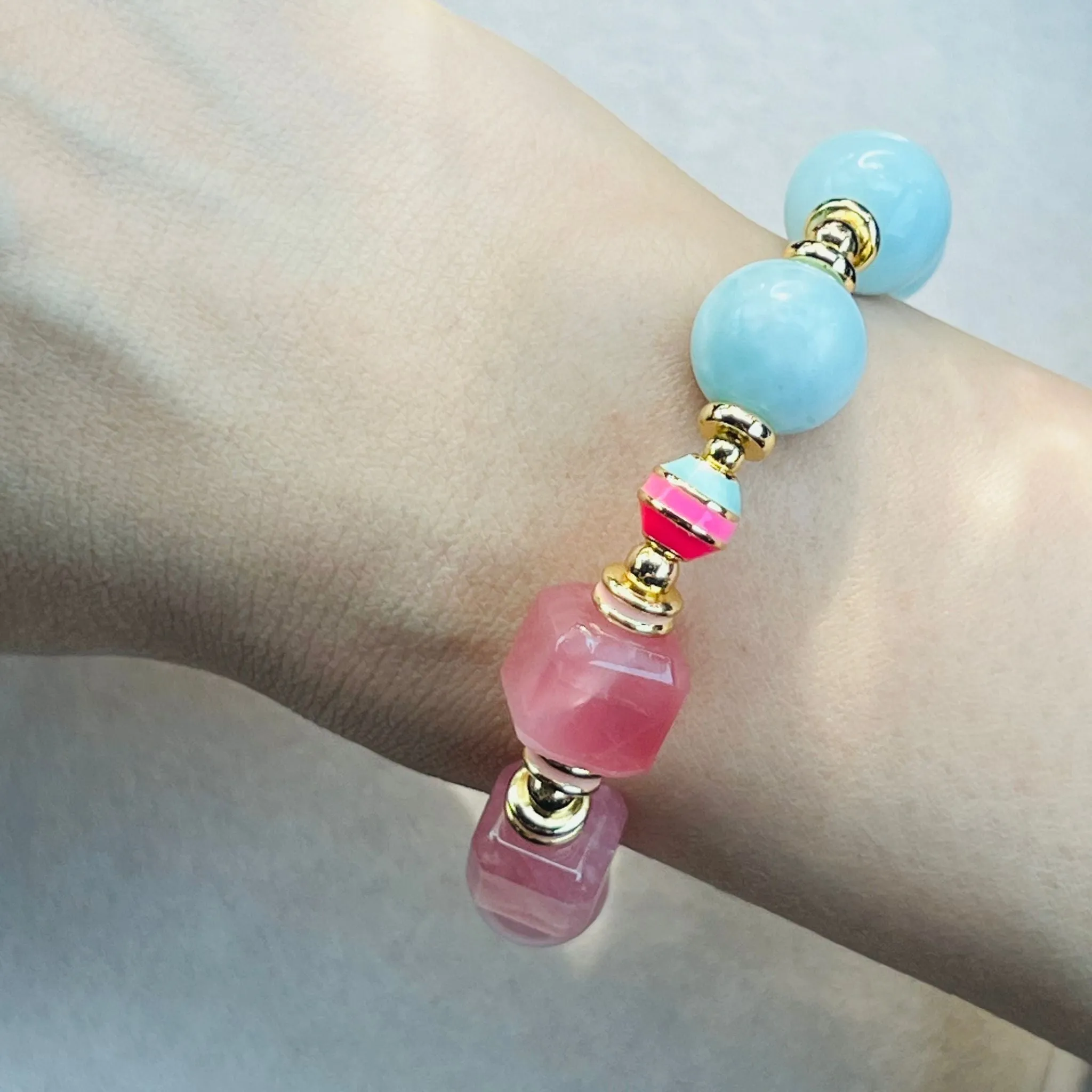 Hemimorphite & Madagascar Rose Quartz Cube Bracelet