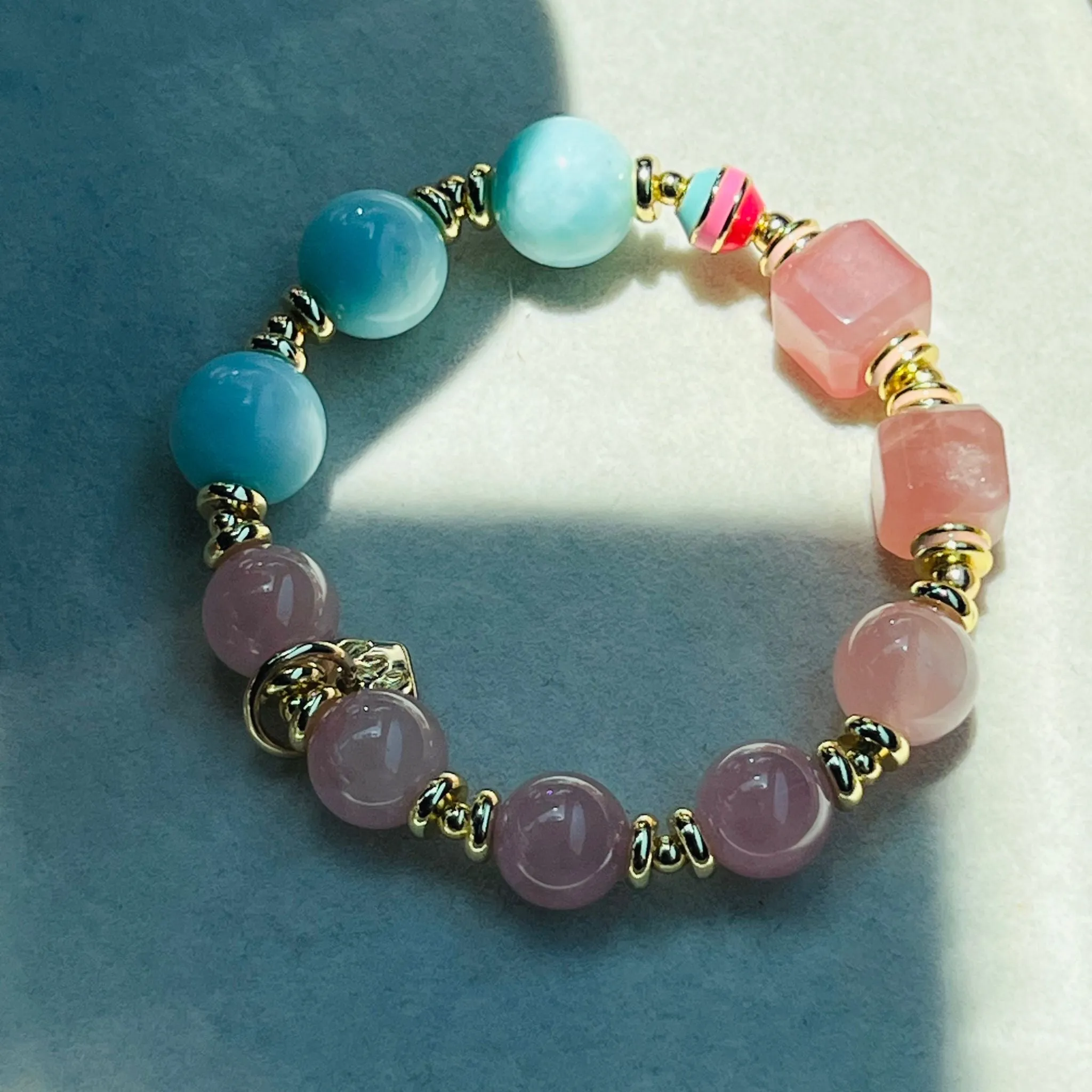 Hemimorphite & Madagascar Rose Quartz Cube Bracelet