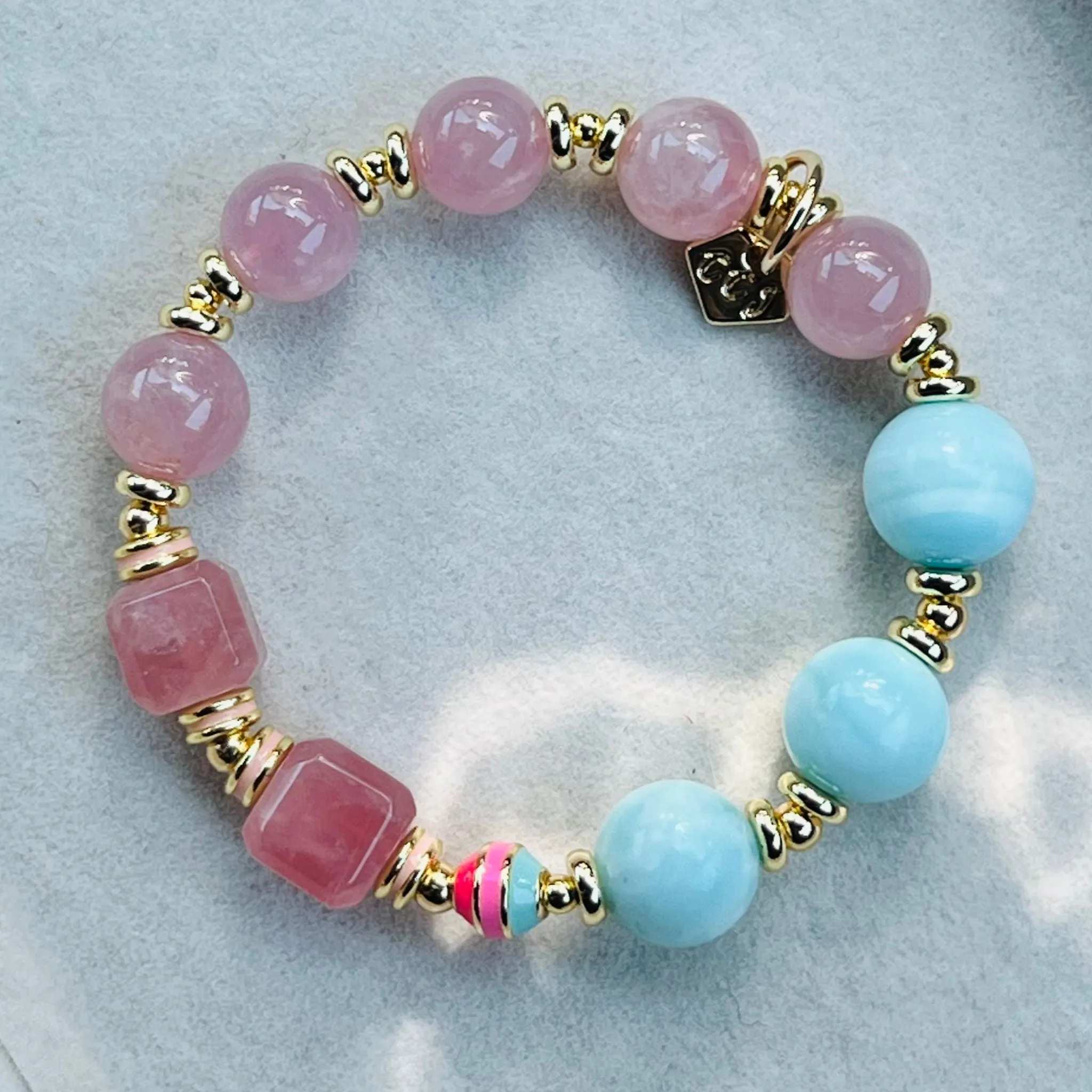 Hemimorphite & Madagascar Rose Quartz Cube Bracelet