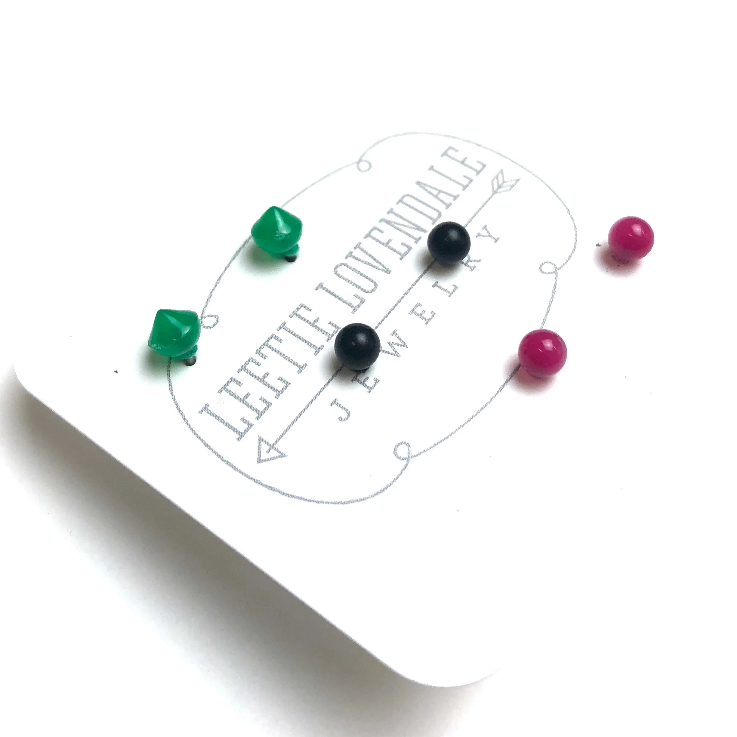 Hot Pink Moonglow Black & Emerald Tiny Stud Earrings Set