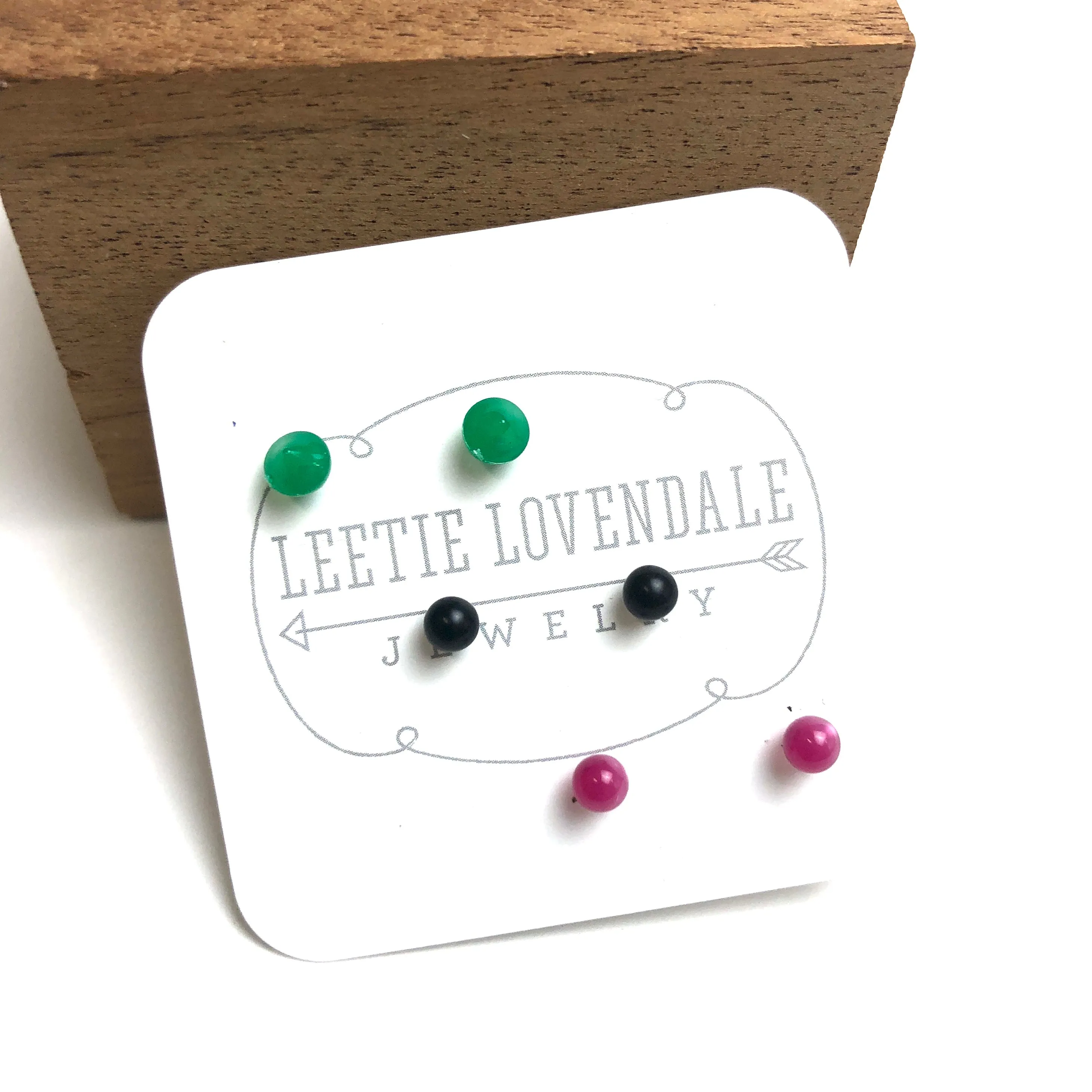 Hot Pink Moonglow Black & Emerald Tiny Stud Earrings Set