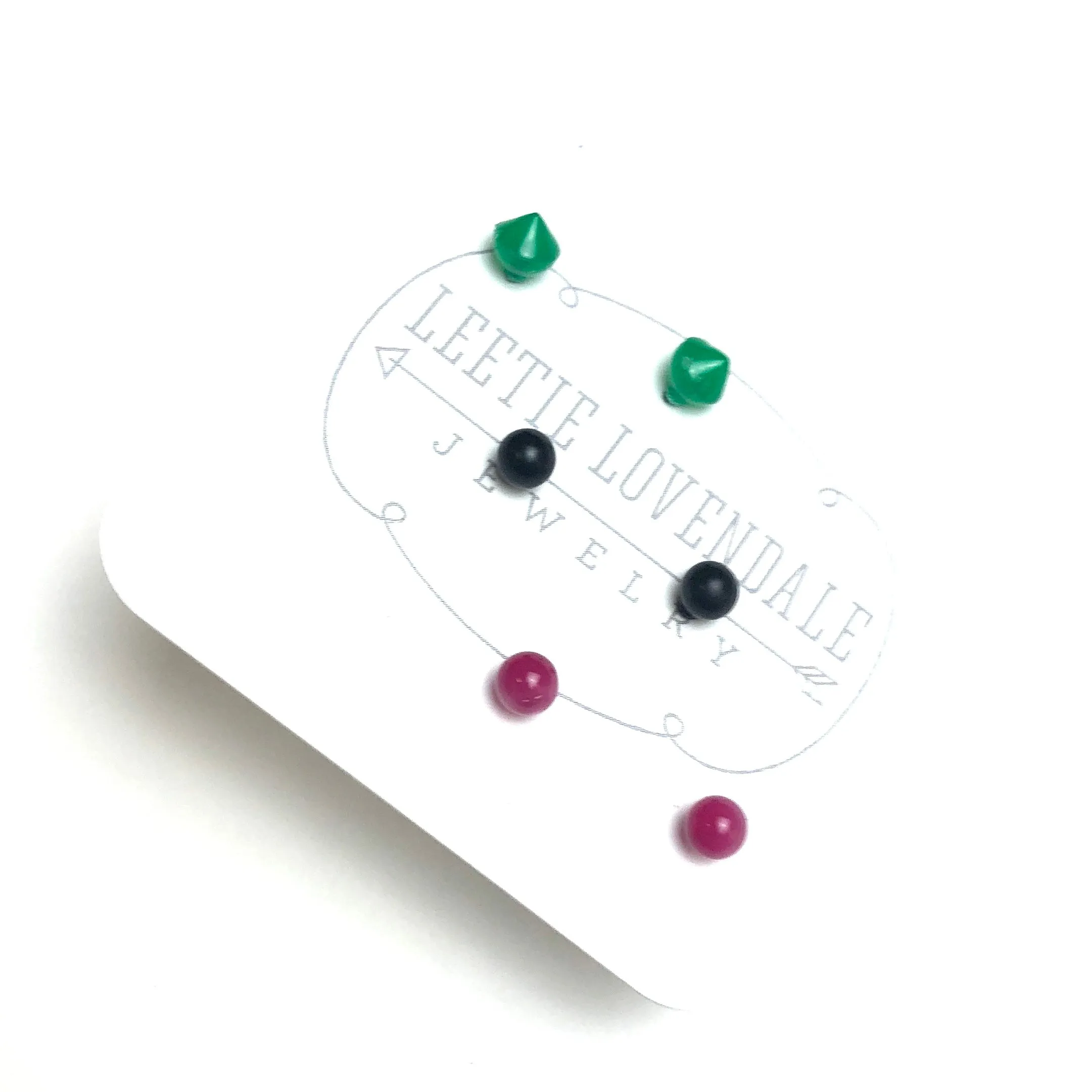 Hot Pink Moonglow Black & Emerald Tiny Stud Earrings Set