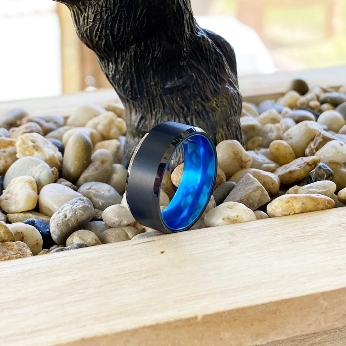 ICECUBE | Blue Ring, Black Tungsten Ring, Brushed, Beveled