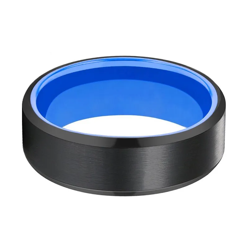 ICECUBE | Blue Ring, Black Tungsten Ring, Brushed, Beveled