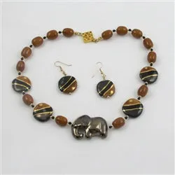 Kazuri Elephant Necklace & Earrings in Antique Gold