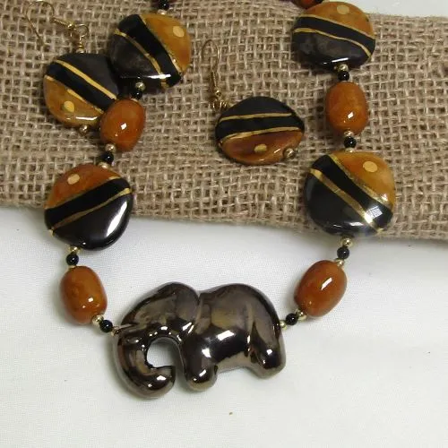 Kazuri Elephant Necklace & Earrings in Antique Gold