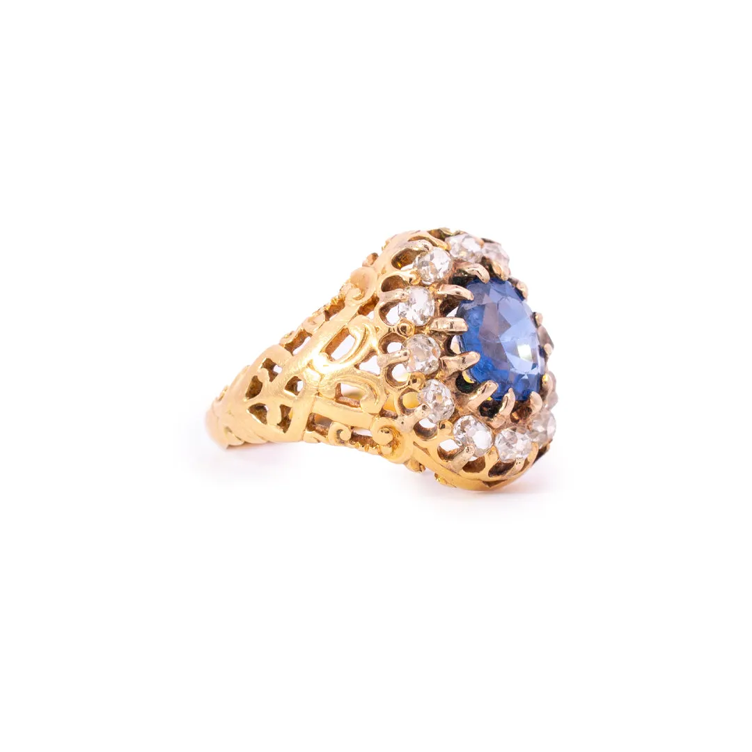 Ladies Antique Cocktail 14K Yellow Gold No Heat Burma (Myanmar) Sapphire Halo Diamond Ring