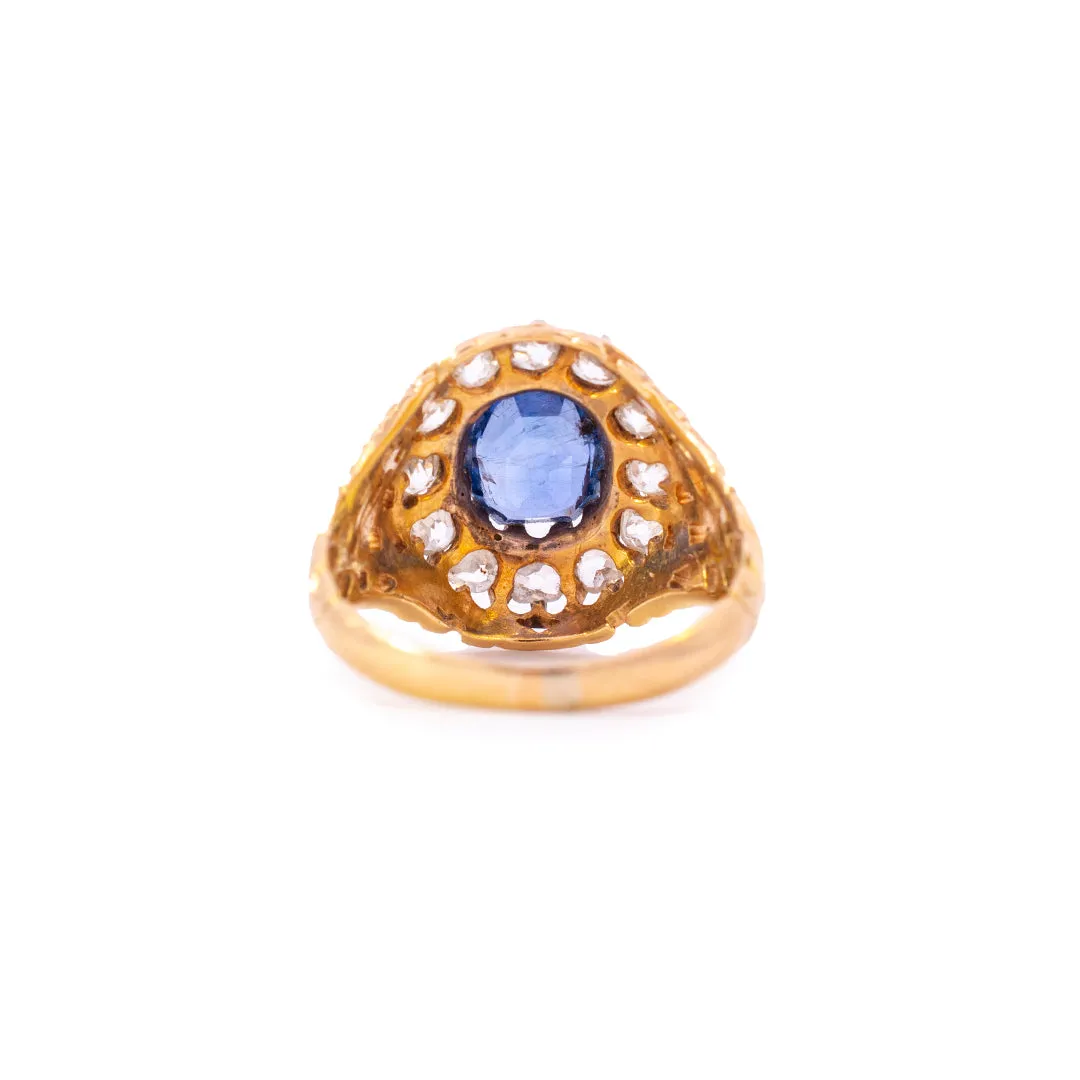 Ladies Antique Cocktail 14K Yellow Gold No Heat Burma (Myanmar) Sapphire Halo Diamond Ring