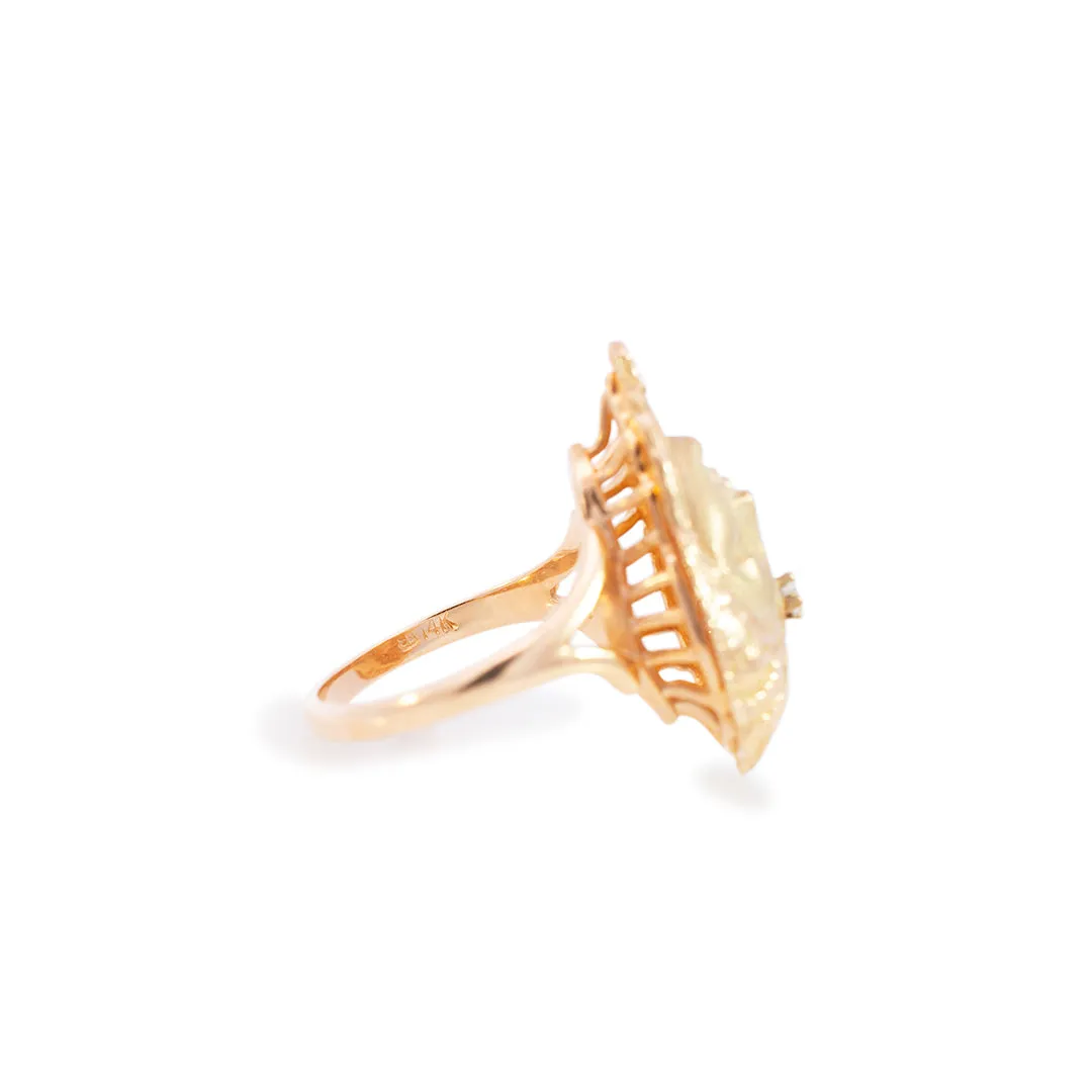 Ladies Vintage 14K Yellow Gold Satin And Polished Queen of Sheba Diamond Cocktail Ring