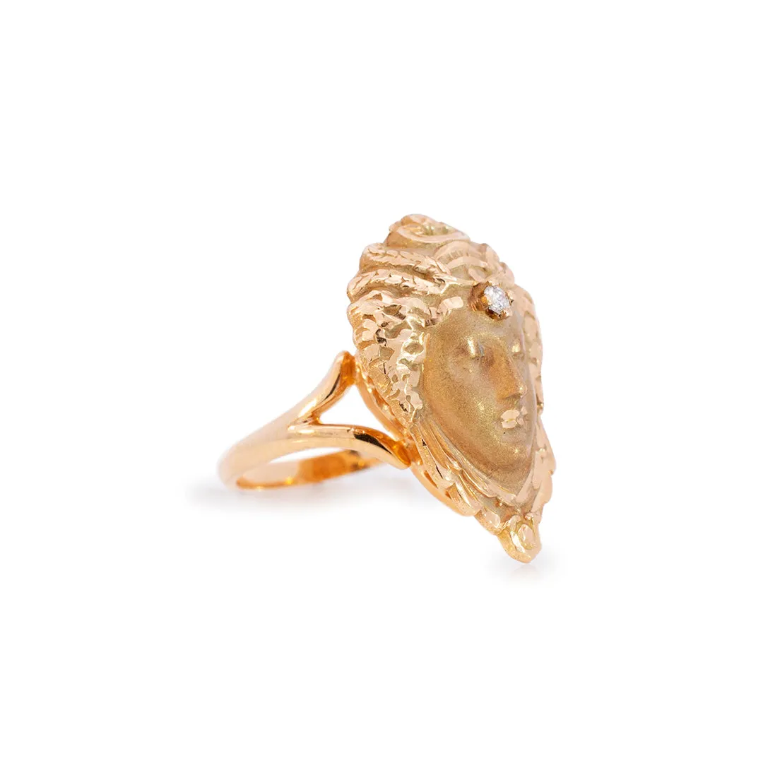 Ladies Vintage 14K Yellow Gold Satin And Polished Queen of Sheba Diamond Cocktail Ring