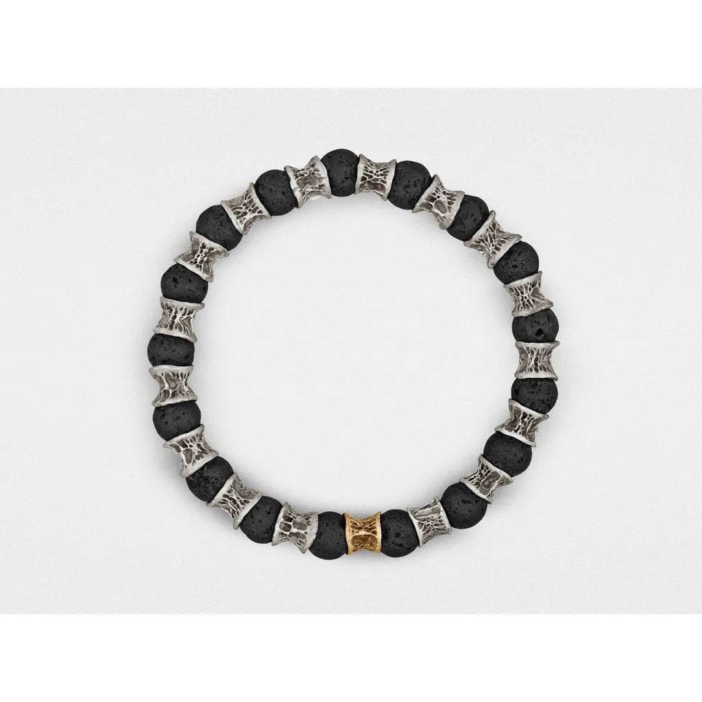 Lava Beads, One Gold Link, Oxidized Sterling Silver Bracelet