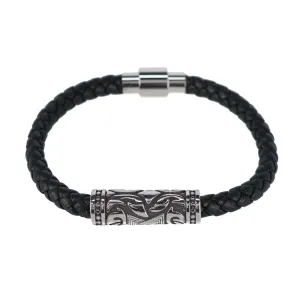 Loose Fit Silver Filigree Pattern on Black Leather Bracelet