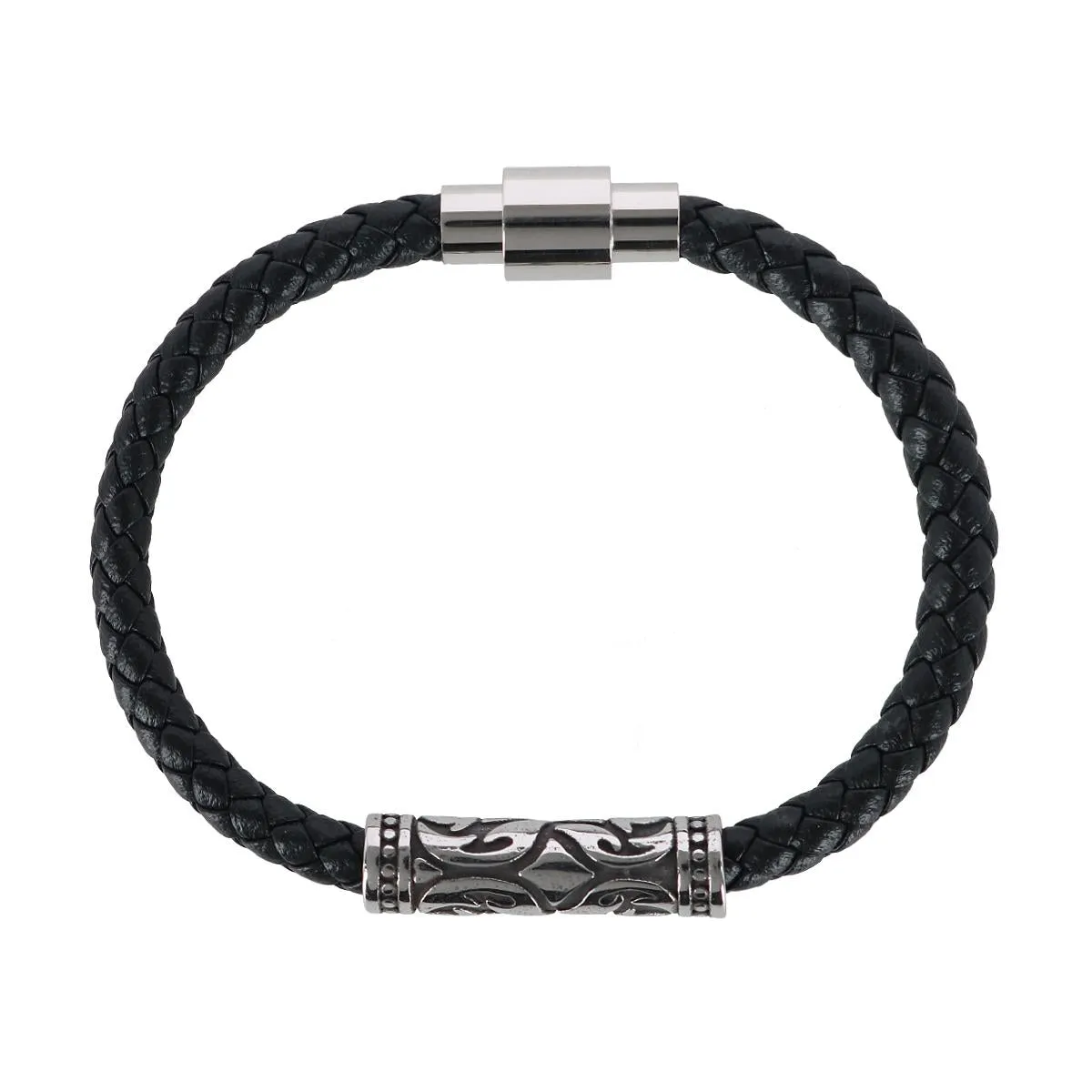 Loose Fit Silver Filigree Pattern on Black Leather Bracelet