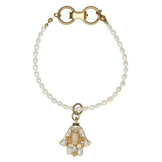 Michal Golan White Pearl Hamsa Dangle Bracelet