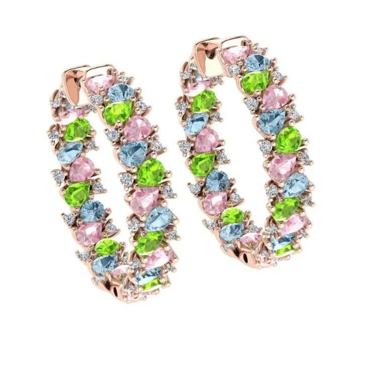 Multi-Colored Gemstone and Diamond Hoop Earrings