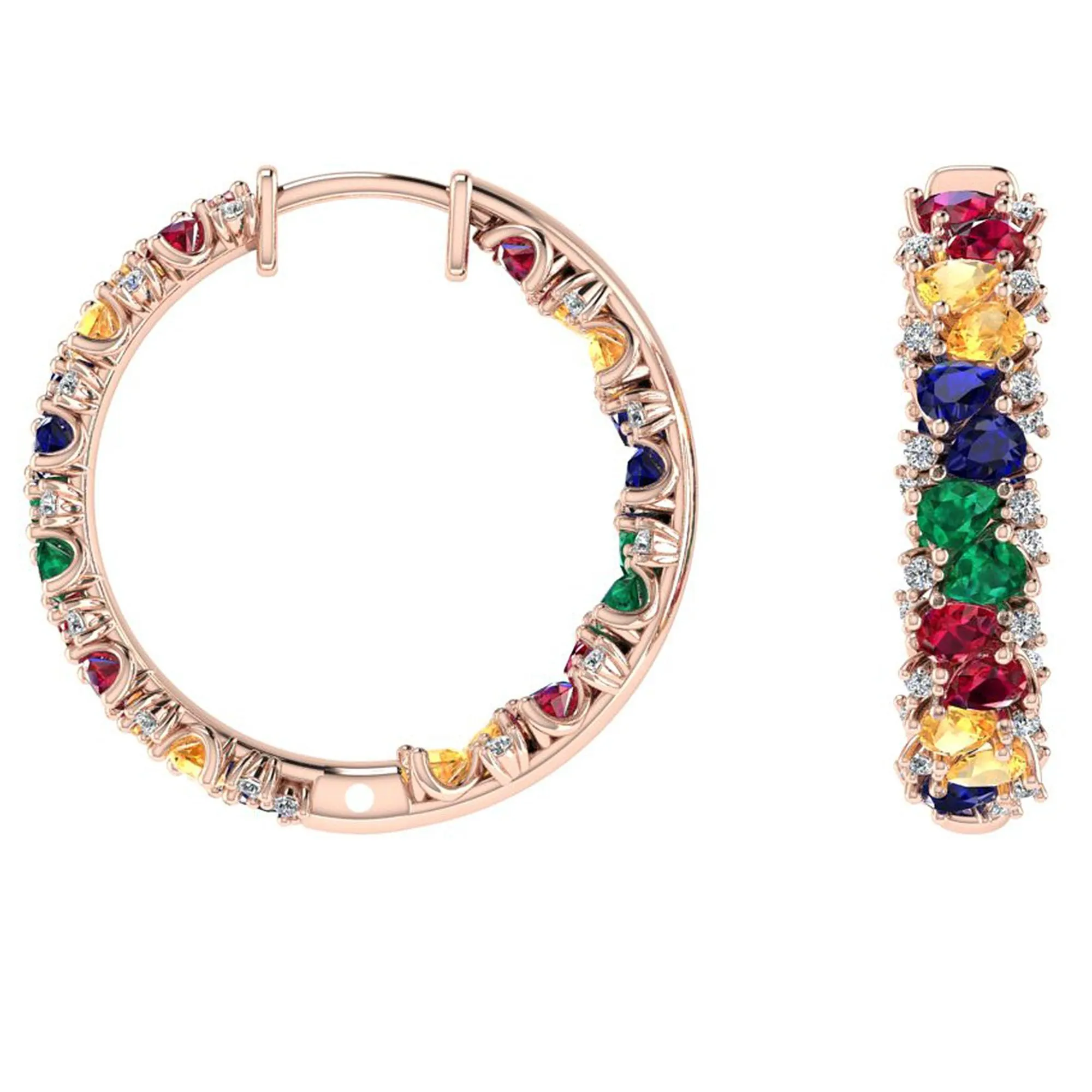 Multi Gemstone and Diamond Hoop Earrings 14K Rose Gold