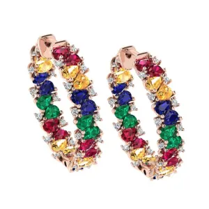 Multi Gemstone and Diamond Hoop Earrings 14K Rose Gold