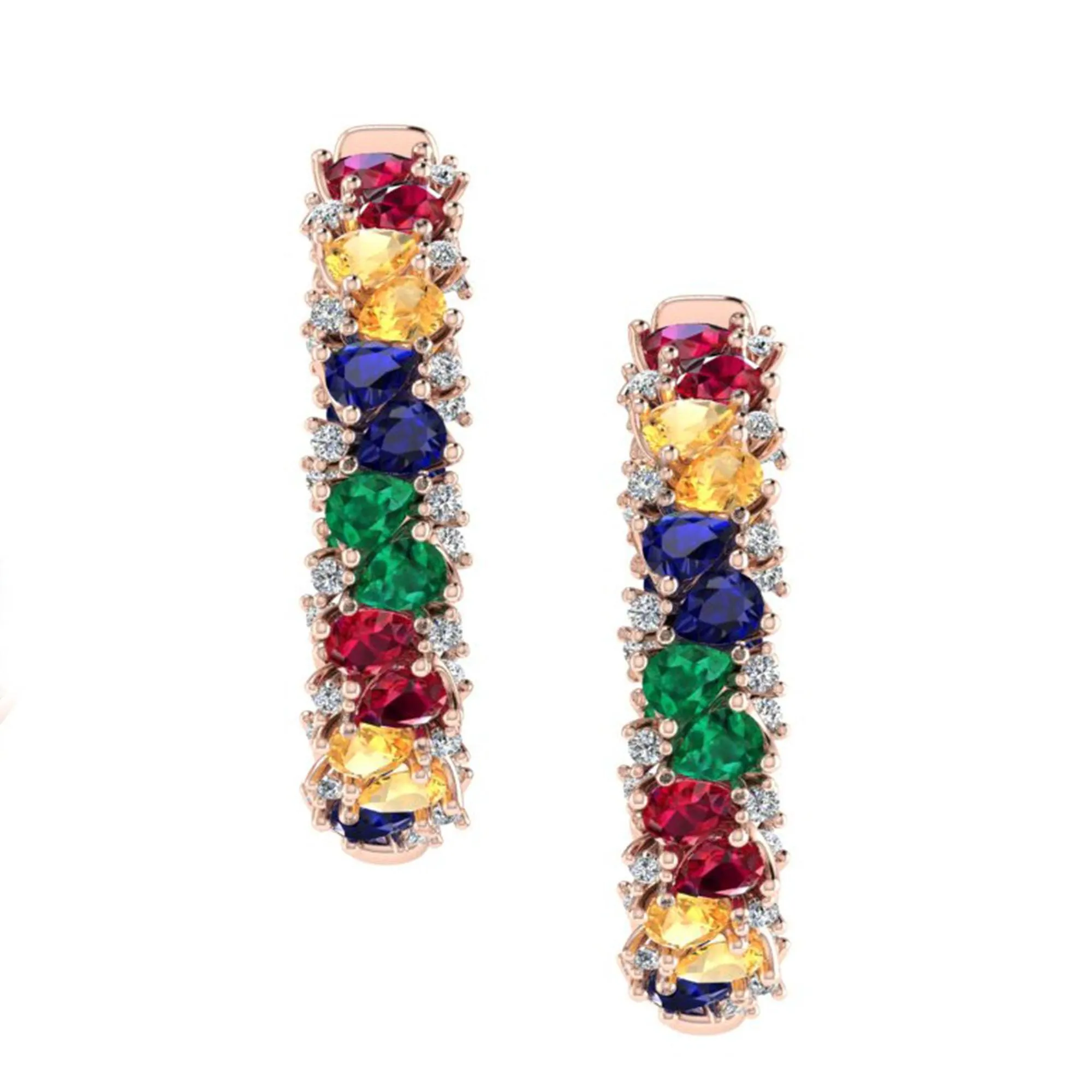 Multi Gemstone and Diamond Hoop Earrings 14K Rose Gold