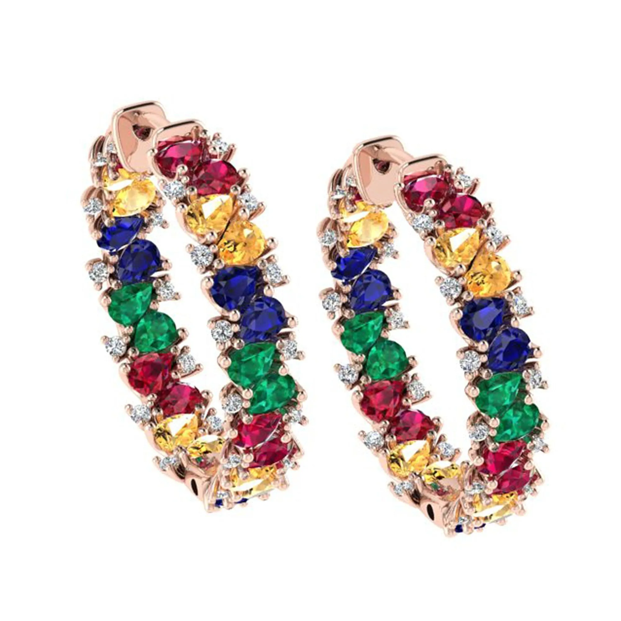 Multi Gemstone and Diamond Hoop Earrings 14K Rose Gold